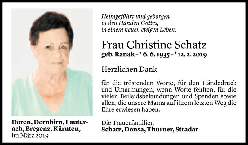  Todesanzeige für Christine Schatz vom 07.03.2019 aus Vorarlberger Nachrichten