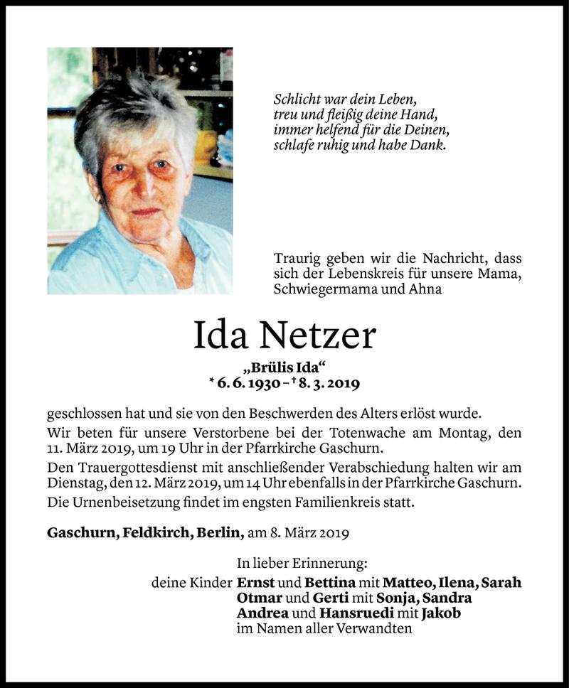  Todesanzeige für Ida Netzer vom 08.03.2019 aus Vorarlberger Nachrichten