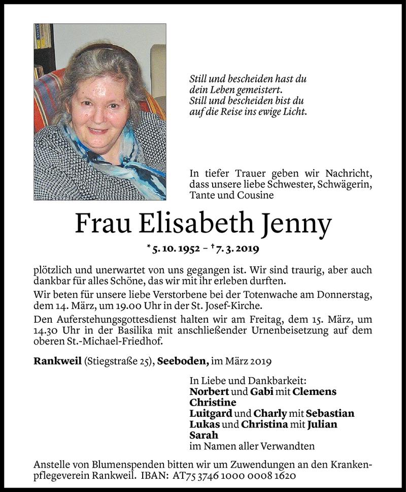 Todesanzeigen von Elisabeth Jenny | Todesanzeigen Vorarlberger Nachrichten