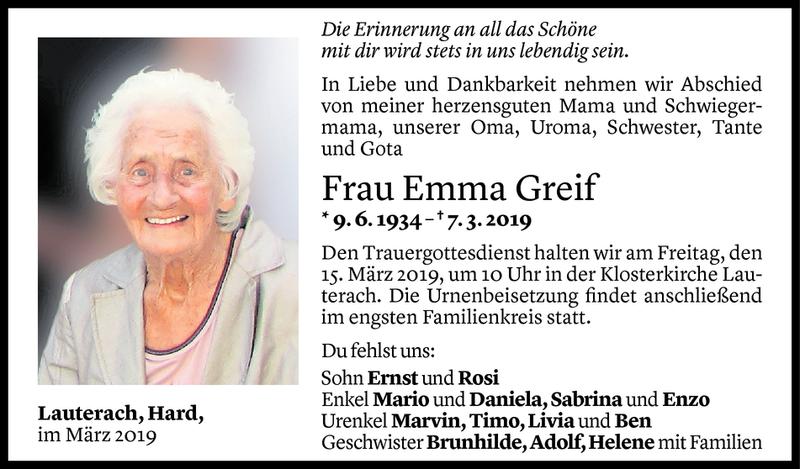 Todesanzeigen von Emma Greif | Todesanzeigen Vorarlberger Nachrichten