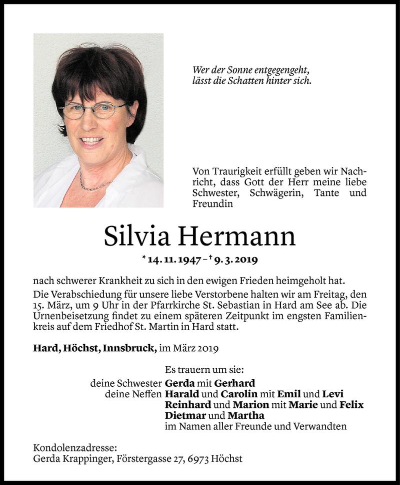  Todesanzeige für Silvia Hermann vom 12.03.2019 aus Vorarlberger Nachrichten