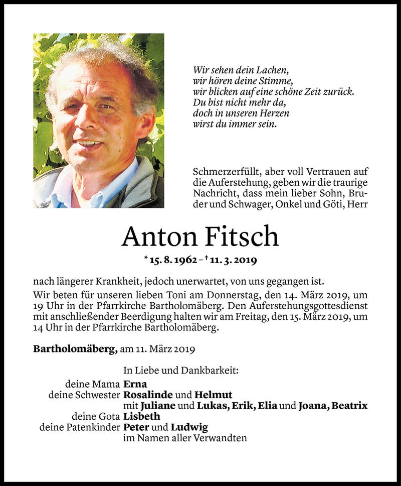  Todesanzeige für Anton Fitsch vom 12.03.2019 aus Vorarlberger Nachrichten