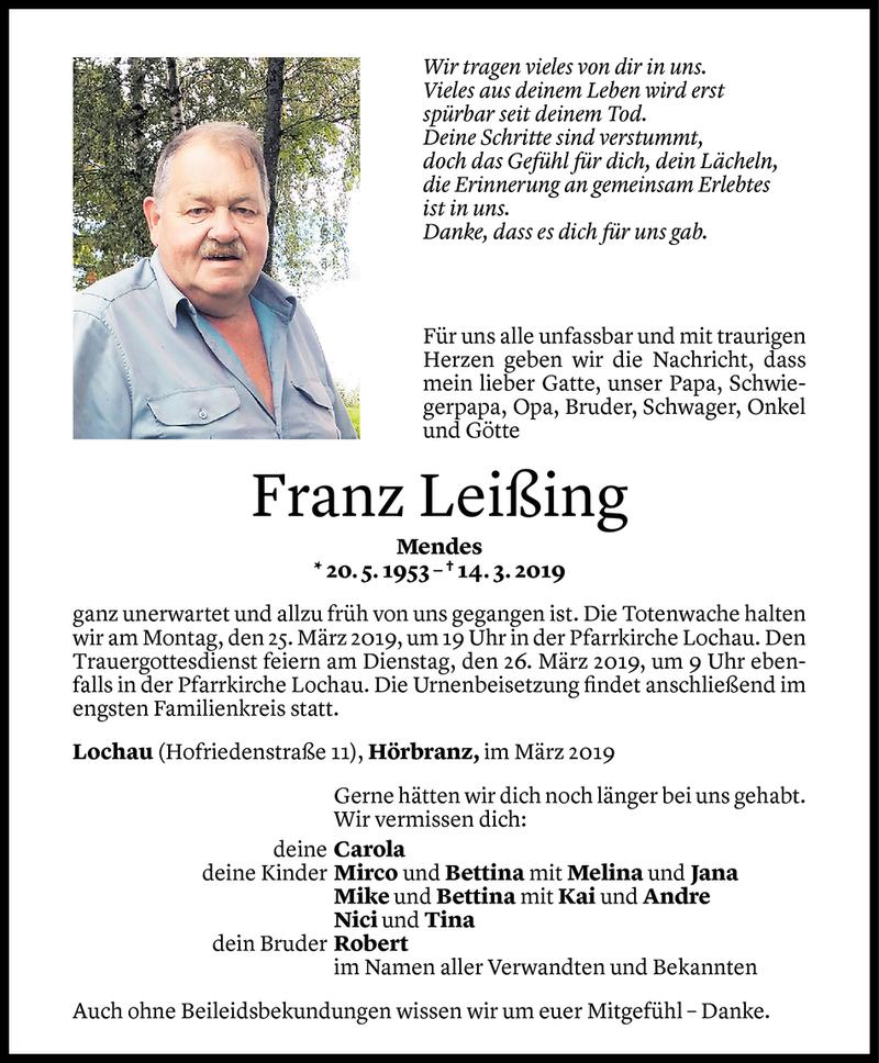  Todesanzeige für Franz Leißing vom 21.03.2019 aus Vorarlberger Nachrichten