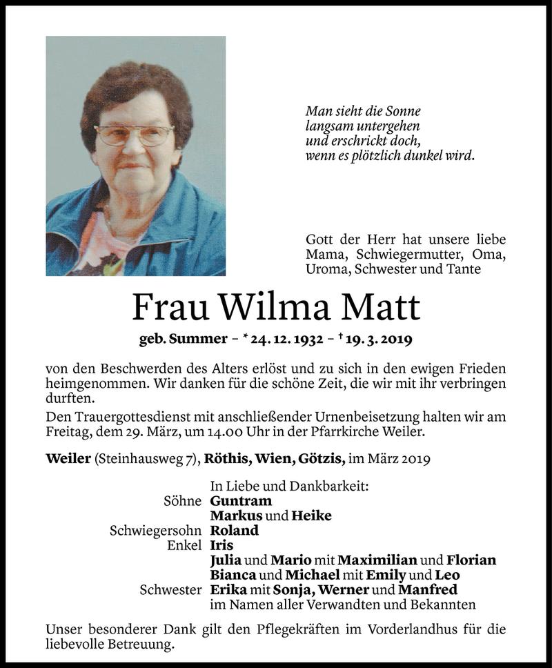  Todesanzeige für Wilma Matt vom 27.03.2019 aus Vorarlberger Nachrichten