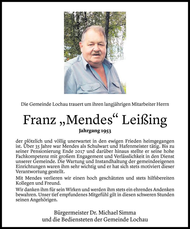  Todesanzeige für Franz Leißing vom 21.03.2019 aus Vorarlberger Nachrichten