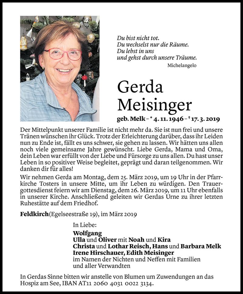 Todesanzeigen von Gerda Meisinger | Todesanzeigen Vorarlberger Nachrichten