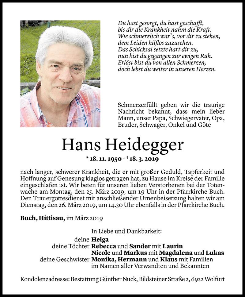  Todesanzeige für Hans Heidegger vom 22.03.2019 aus Vorarlberger Nachrichten