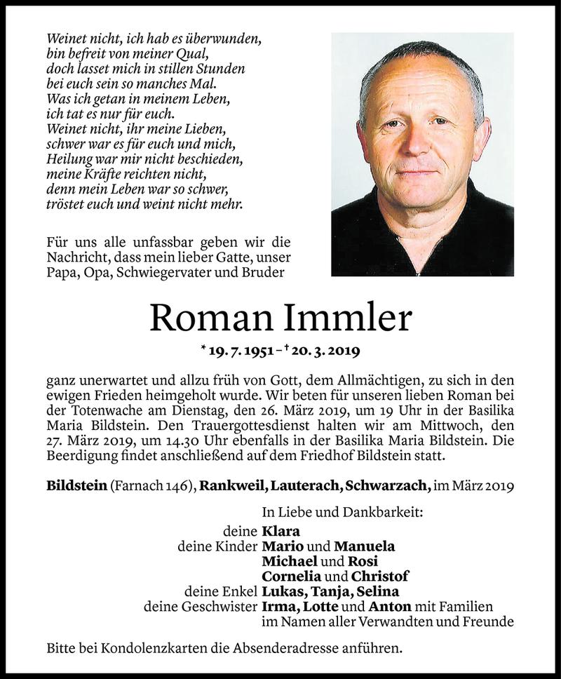  Todesanzeige für Roman Immler vom 22.03.2019 aus Vorarlberger Nachrichten