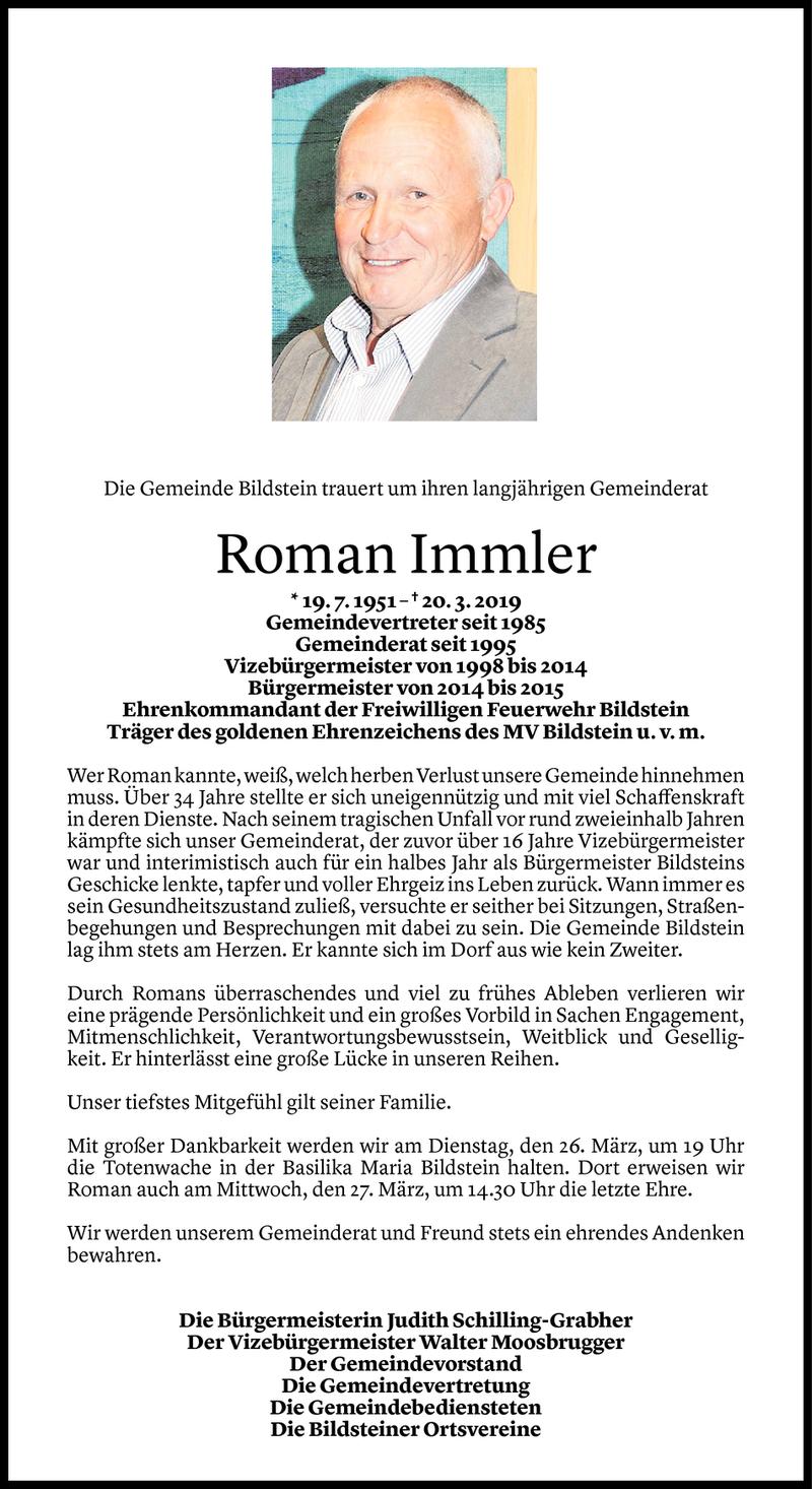  Todesanzeige für Roman Immler vom 22.03.2019 aus Vorarlberger Nachrichten