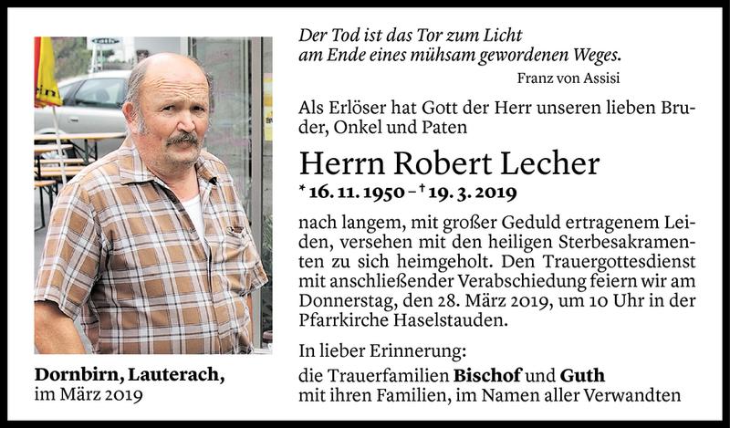  Todesanzeige für Robert Lecher vom 22.03.2019 aus Vorarlberger Nachrichten