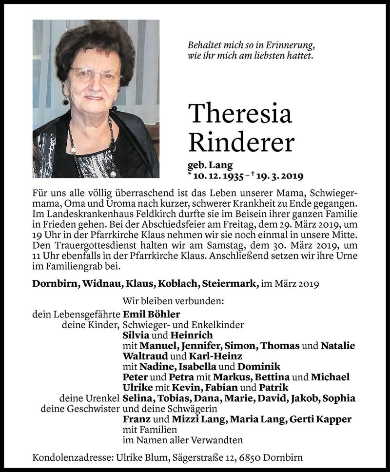  Todesanzeige für Theresia Rinderer vom 26.03.2019 aus Vorarlberger Nachrichten