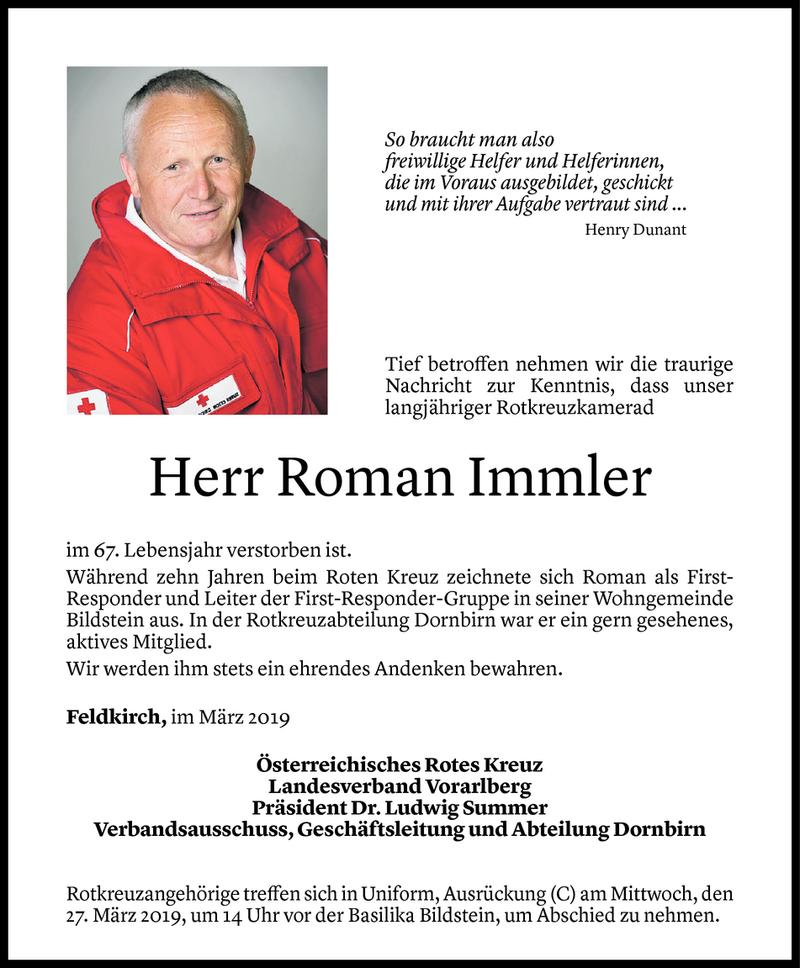  Todesanzeige für Roman Immler vom 25.03.2019 aus Vorarlberger Nachrichten