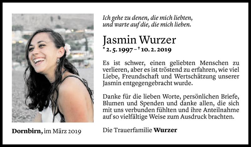  Todesanzeige für Jasmin Wurzer vom 28.03.2019 aus Vorarlberger Nachrichten