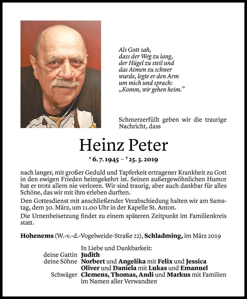  Todesanzeige für Heinz Peter vom 28.03.2019 aus Vorarlberger Nachrichten