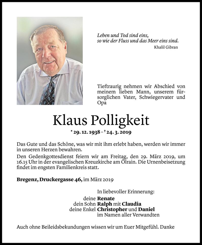  Todesanzeige für Klaus Polligkeit vom 26.03.2019 aus Vorarlberger Nachrichten
