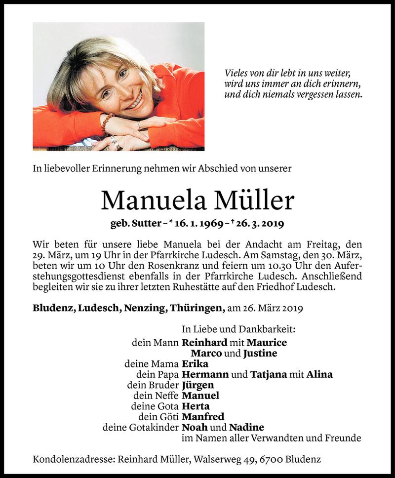 Todesanzeige für Manuela Müller vom 27.03.2019 aus Vorarlberger Nachrichten