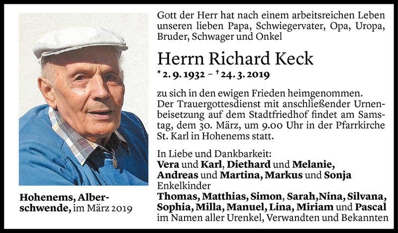  Todesanzeige für Richard Keck vom 28.03.2019 aus Vorarlberger Nachrichten