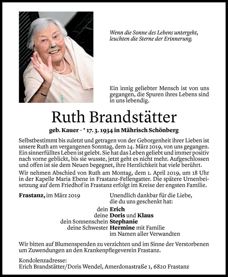  Todesanzeige für Ruth Brandstätter vom 28.03.2019 aus Vorarlberger Nachrichten