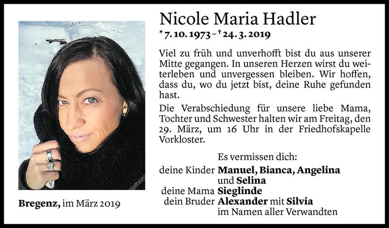  Todesanzeige für Nicole Maria Hadler vom 27.03.2019 aus Vorarlberger Nachrichten