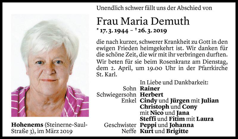  Todesanzeige für Maria Demuth vom 30.03.2019 aus Vorarlberger Nachrichten