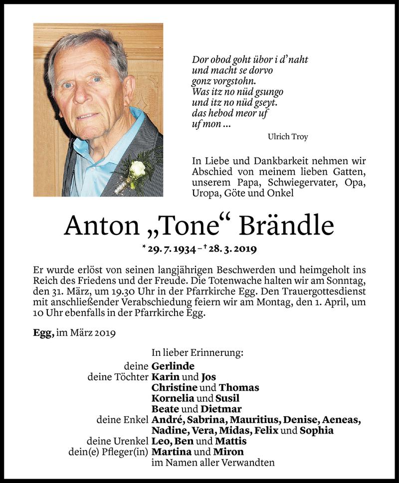  Todesanzeige für Anton Brändle vom 29.03.2019 aus Vorarlberger Nachrichten