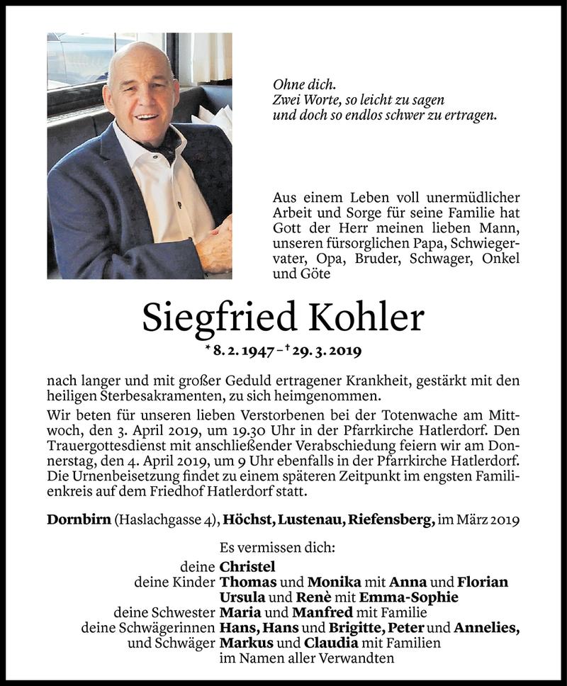  Todesanzeige für Siegfried Kohler vom 01.04.2019 aus Vorarlberger Nachrichten