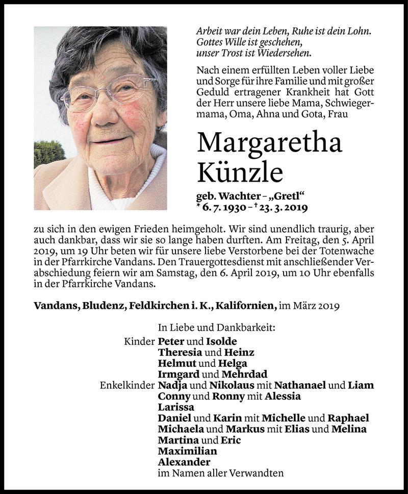  Todesanzeige für Margaretha Künzle vom 01.04.2019 aus Vorarlberger Nachrichten