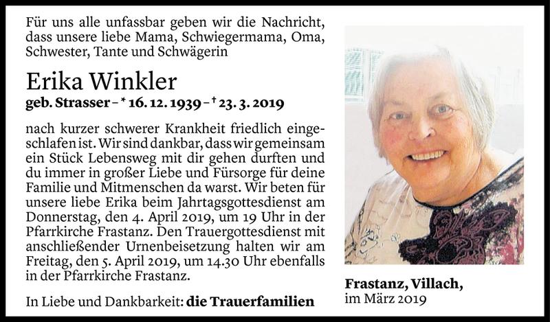  Todesanzeige für Erika Winkler vom 01.04.2019 aus Vorarlberger Nachrichten