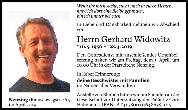  Todesanzeige für Gerhard Widowitz vom 02.04.2019 aus Vorarlberger Nachrichten