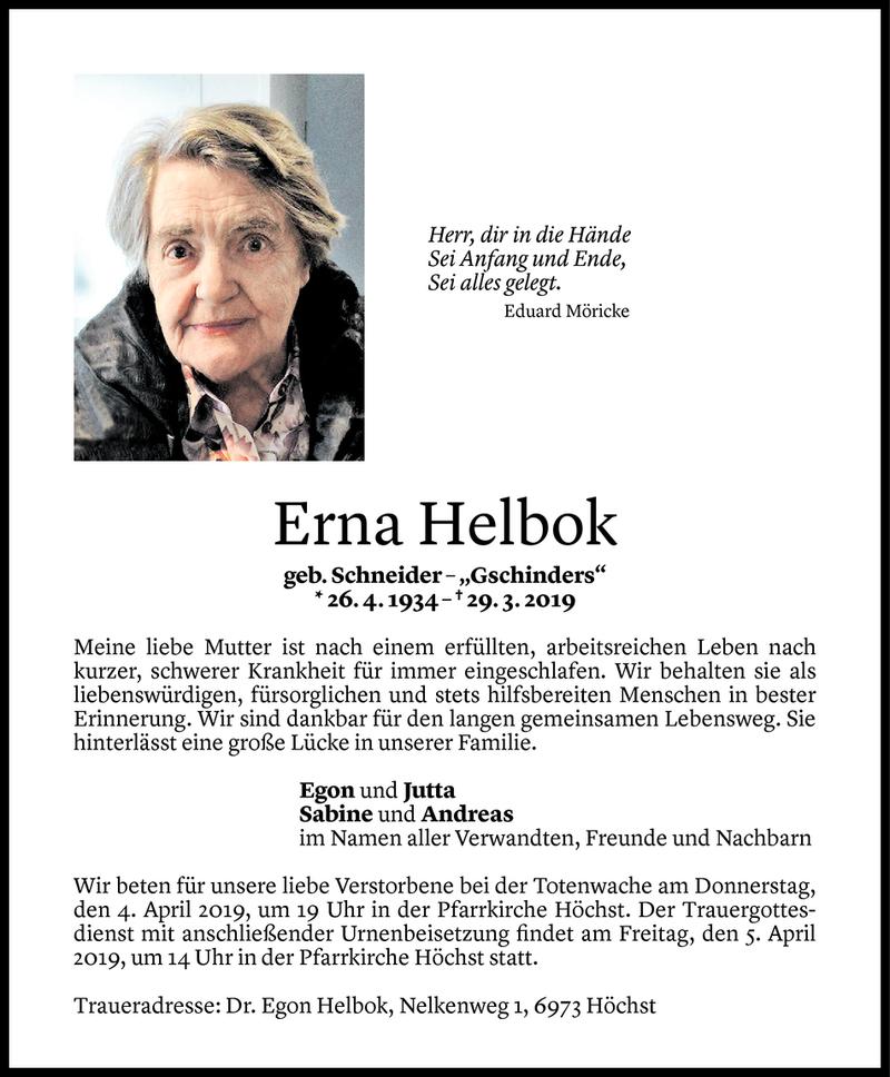  Todesanzeige für Erna Helbok vom 02.04.2019 aus Vorarlberger Nachrichten