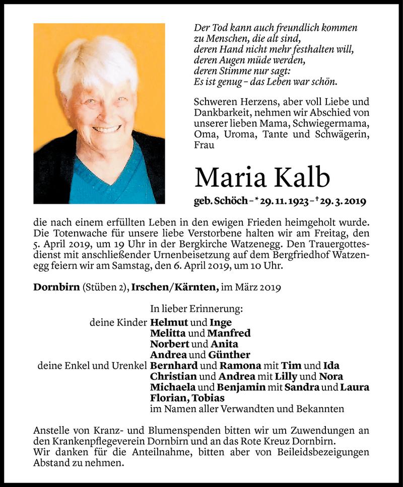  Todesanzeige für Maria Kalb vom 02.04.2019 aus Vorarlberger Nachrichten