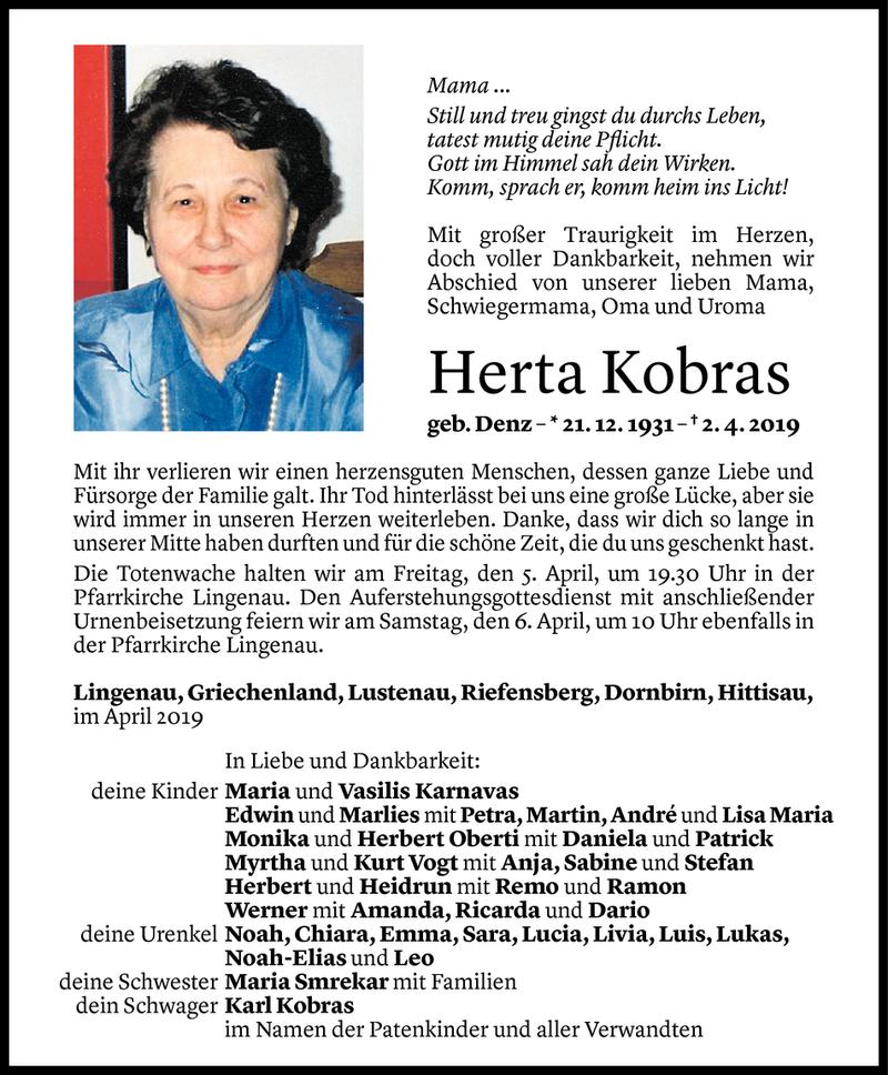  Todesanzeige für Herta Kobras vom 03.04.2019 aus Vorarlberger Nachrichten