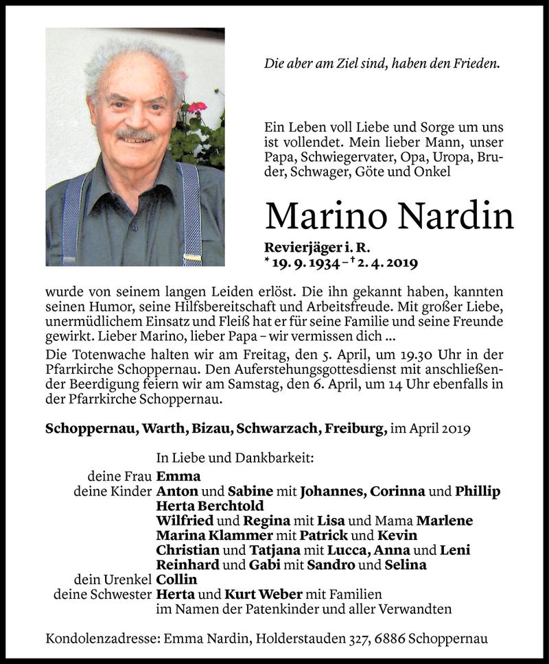  Todesanzeige für Marino Nardin vom 03.04.2019 aus Vorarlberger Nachrichten