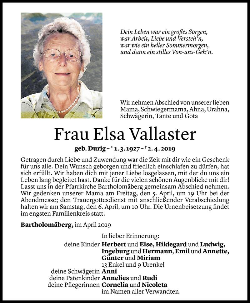  Todesanzeige für Elsa Vallaster vom 03.04.2019 aus Vorarlberger Nachrichten