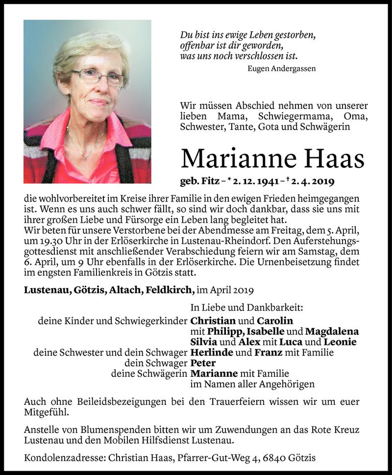  Todesanzeige für Marianne Haas vom 03.04.2019 aus Vorarlberger Nachrichten