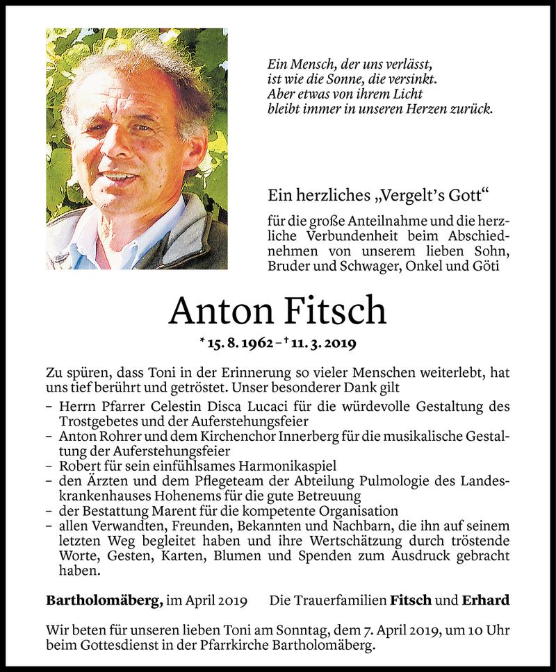  Todesanzeige für Anton Fitsch vom 04.04.2019 aus Vorarlberger Nachrichten