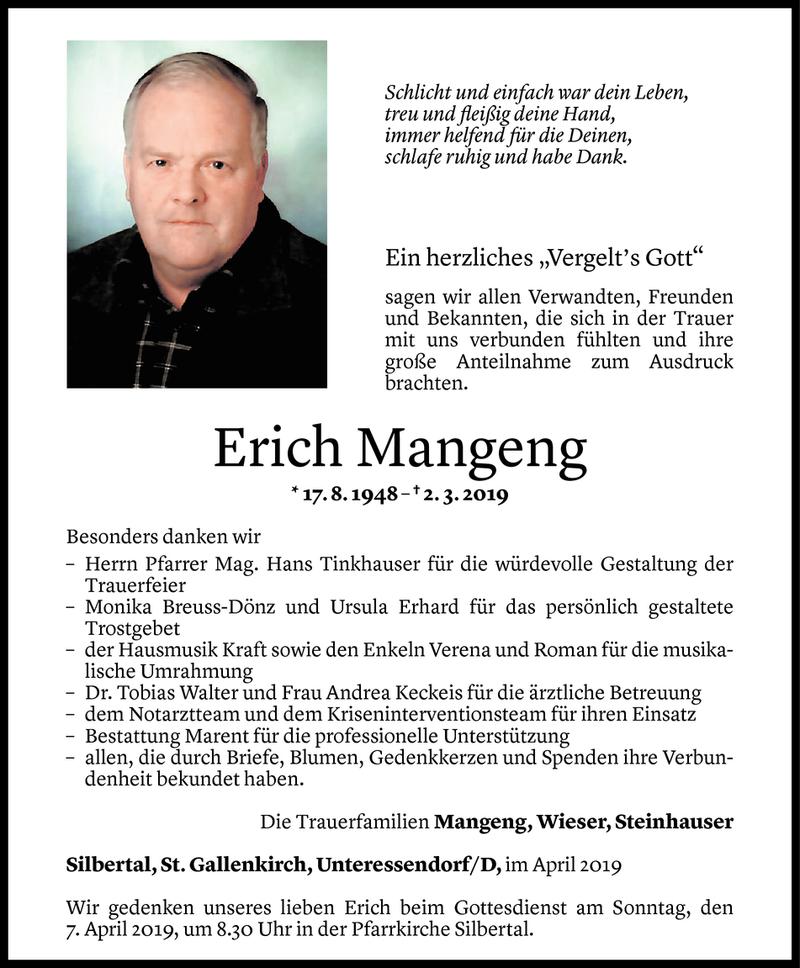  Todesanzeige für Erich Mangeng vom 04.04.2019 aus Vorarlberger Nachrichten