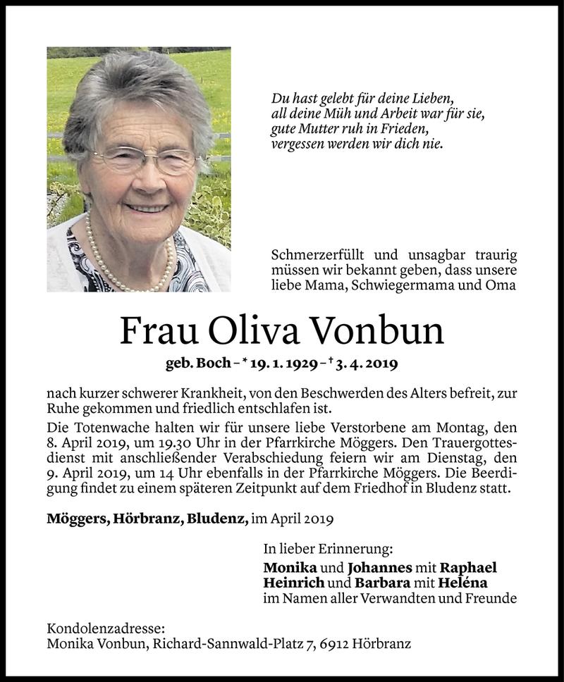  Todesanzeige für Oliva Vonbun vom 05.04.2019 aus Vorarlberger Nachrichten