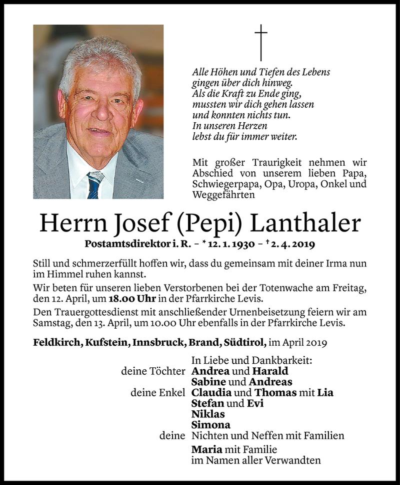  Todesanzeige für Josef Lanthaler vom 06.04.2019 aus Vorarlberger Nachrichten