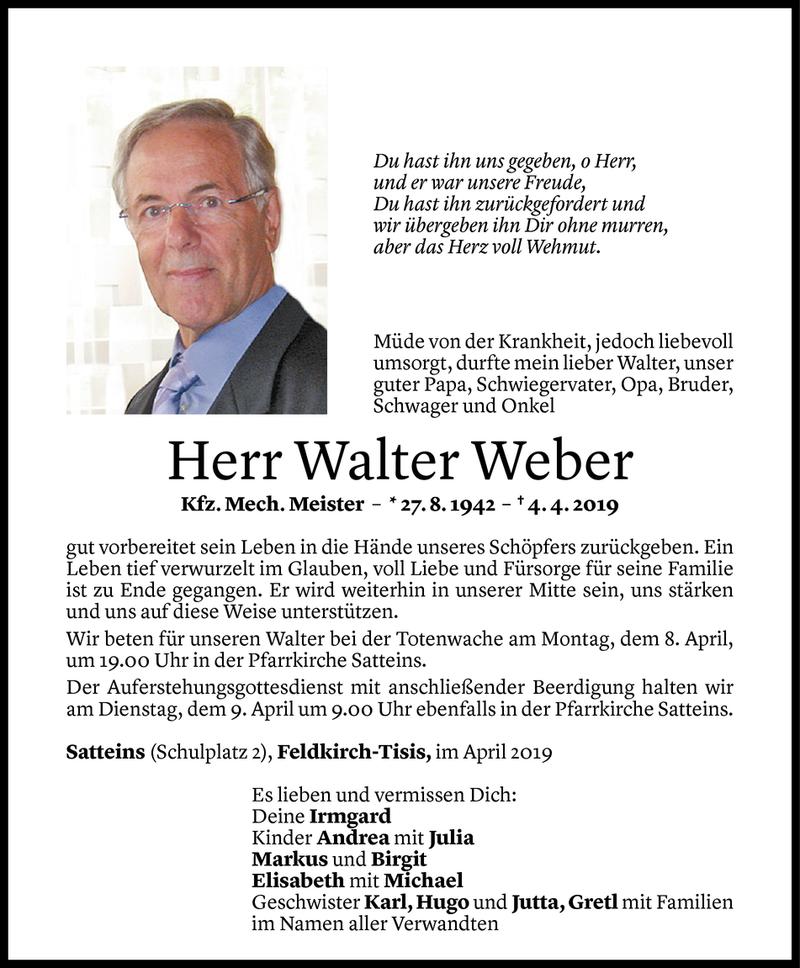  Todesanzeige für Walter Weber vom 06.04.2019 aus Vorarlberger Nachrichten