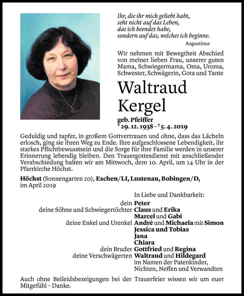 Todesanzeige für Waltraud Kergel vom 07.04.2019 aus Vorarlberger Nachrichten