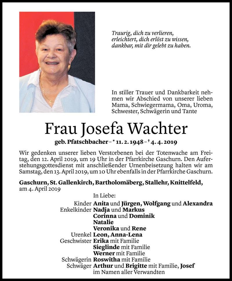  Todesanzeige für Josefa Wachter vom 08.04.2019 aus Vorarlberger Nachrichten