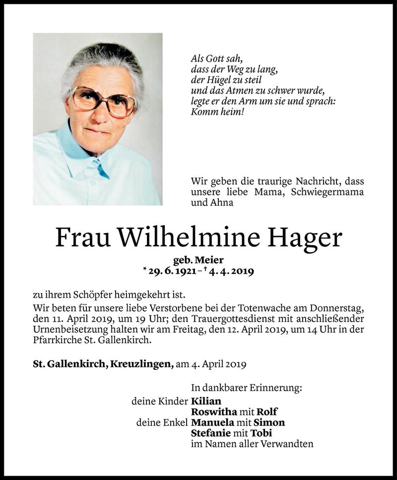  Todesanzeige für Wilhelmine Hager vom 08.04.2019 aus Vorarlberger Nachrichten