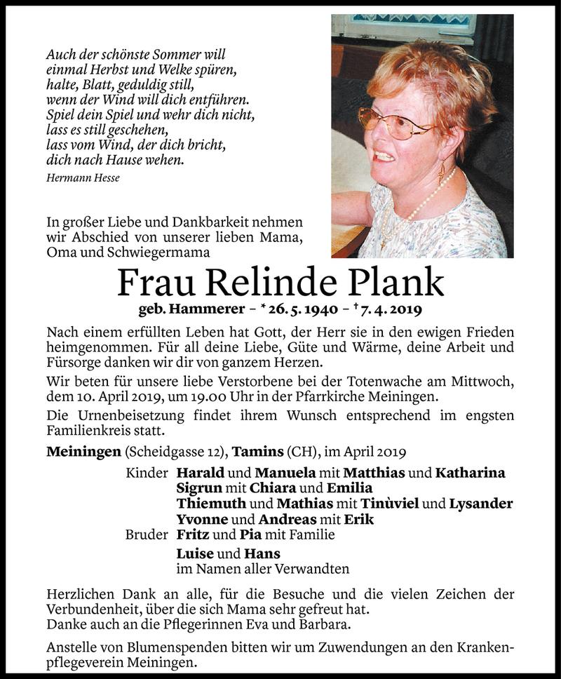  Todesanzeige für Relinde Plank vom 09.04.2019 aus Vorarlberger Nachrichten