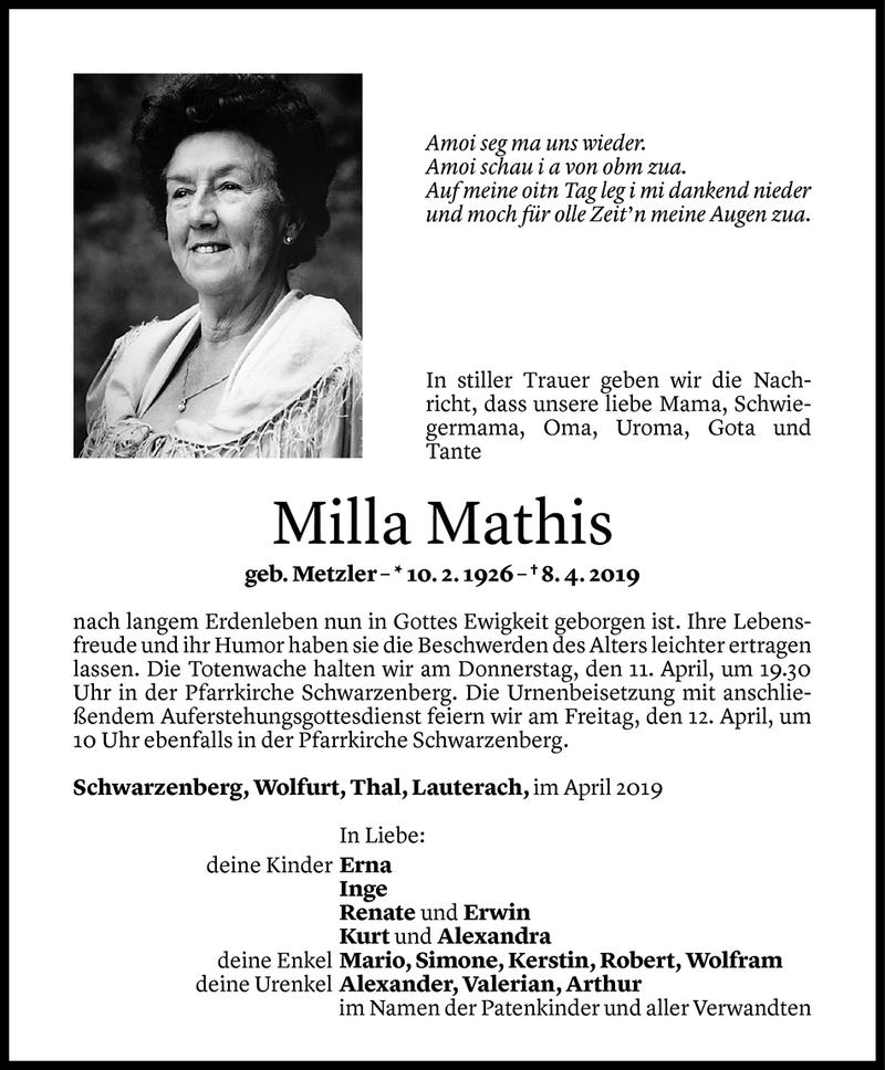  Todesanzeige für Milla Mathis vom 09.04.2019 aus Vorarlberger Nachrichten