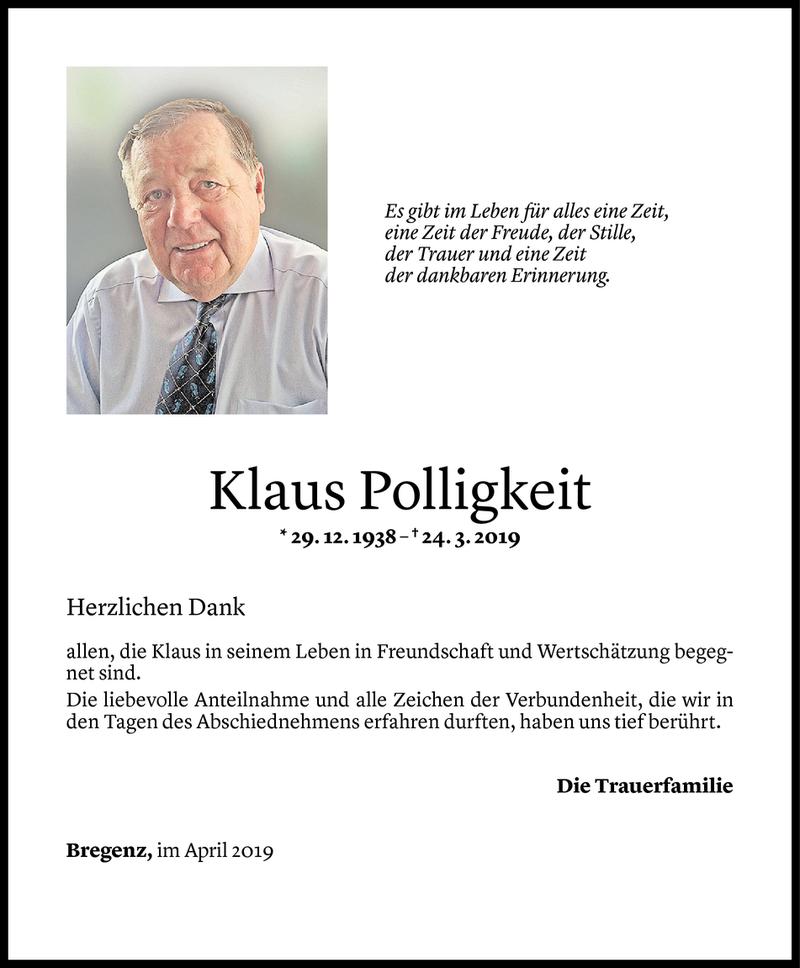  Todesanzeige für Klaus Polligkeit vom 12.04.2019 aus Vorarlberger Nachrichten