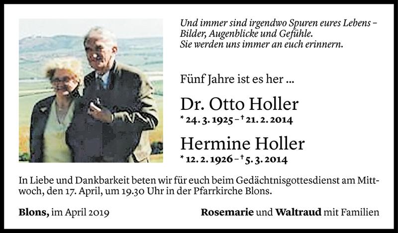  Todesanzeige für Hermine und Otto Holler vom 12.04.2019 aus Vorarlberger Nachrichten