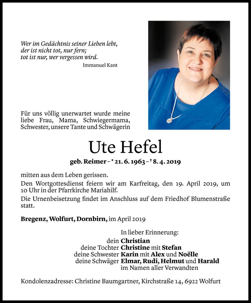  Todesanzeige für Ute Hefel vom 12.04.2019 aus Vorarlberger Nachrichten