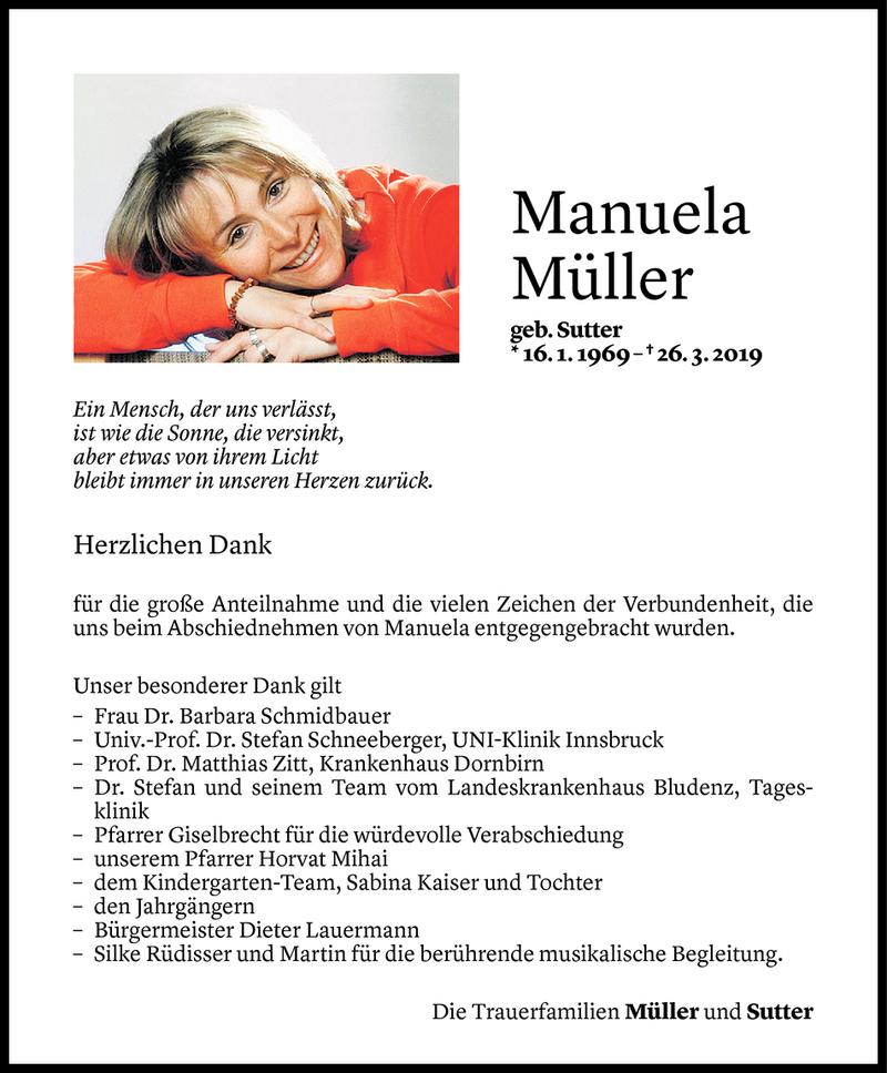  Todesanzeige für Manuela Müller vom 12.04.2019 aus Vorarlberger Nachrichten