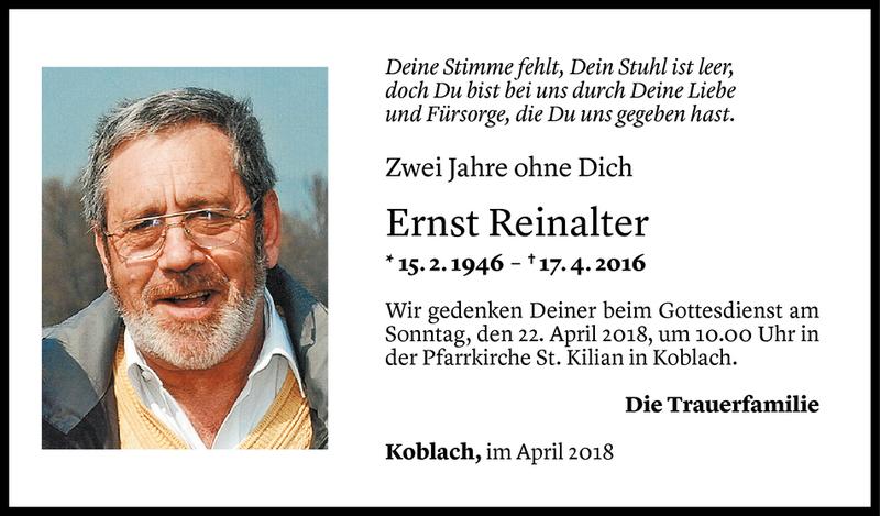  Todesanzeige für Ernst Reinalter vom 16.04.2018 aus Vorarlberger Nachrichten